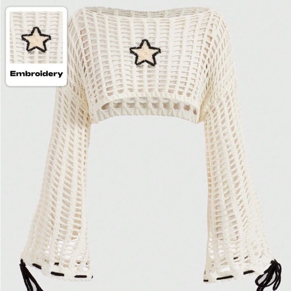 ROMWE Cream Open-Weave Crochet Crop Top with Black Star Accent